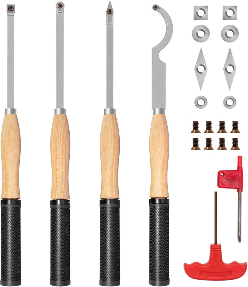 DEEFIINE 18.3" Full Size Carbide Tip Wood Lathe Turning Tool Kit, Lathe Roughing and Finishing Hollow Tool with 8pcs Diamond Round Square Carbide inserts For Woodturning(4 set) - Image 1